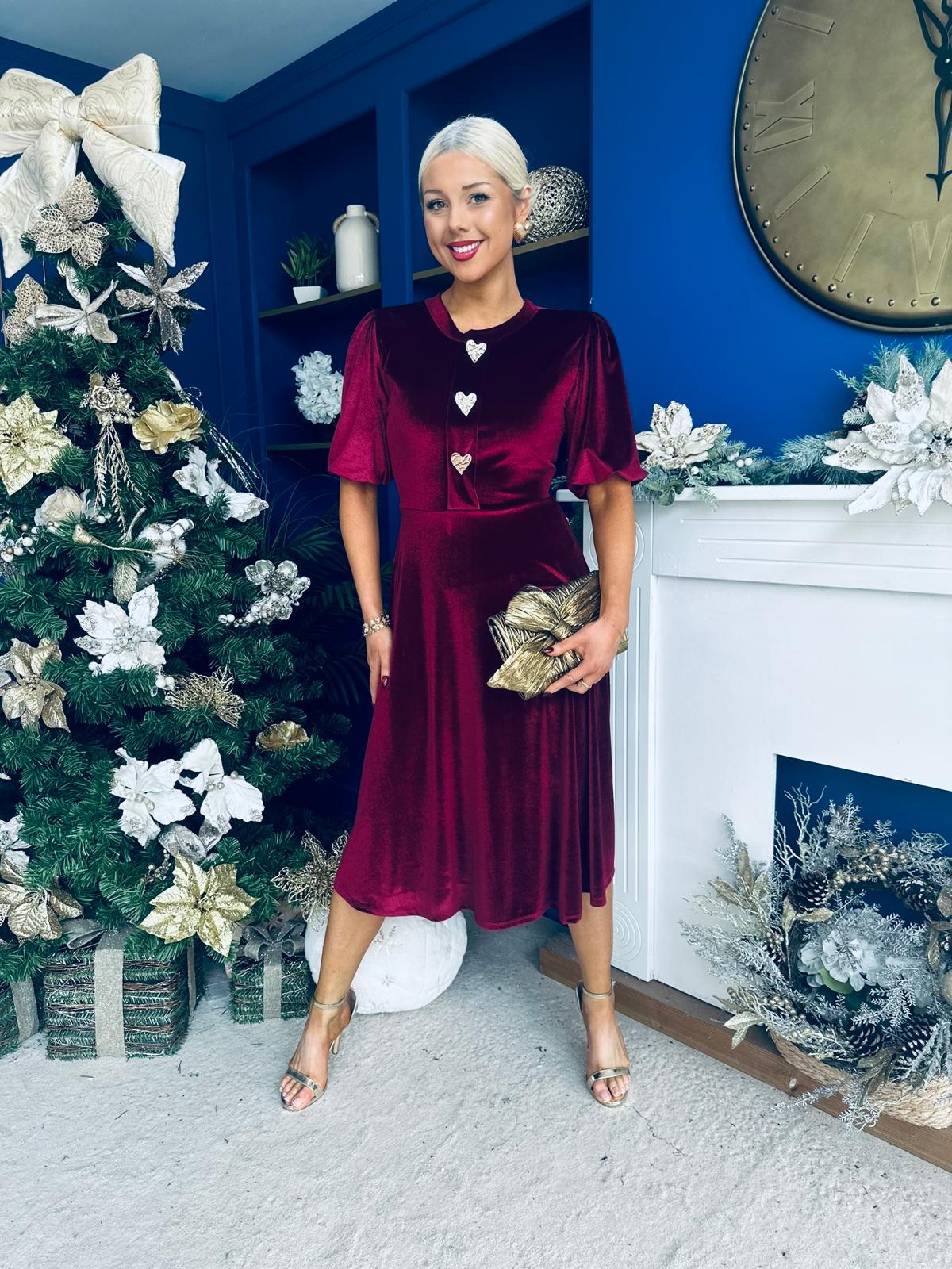 Colette Puff Sleeve Gold Detail Velvet Dress Burgundy