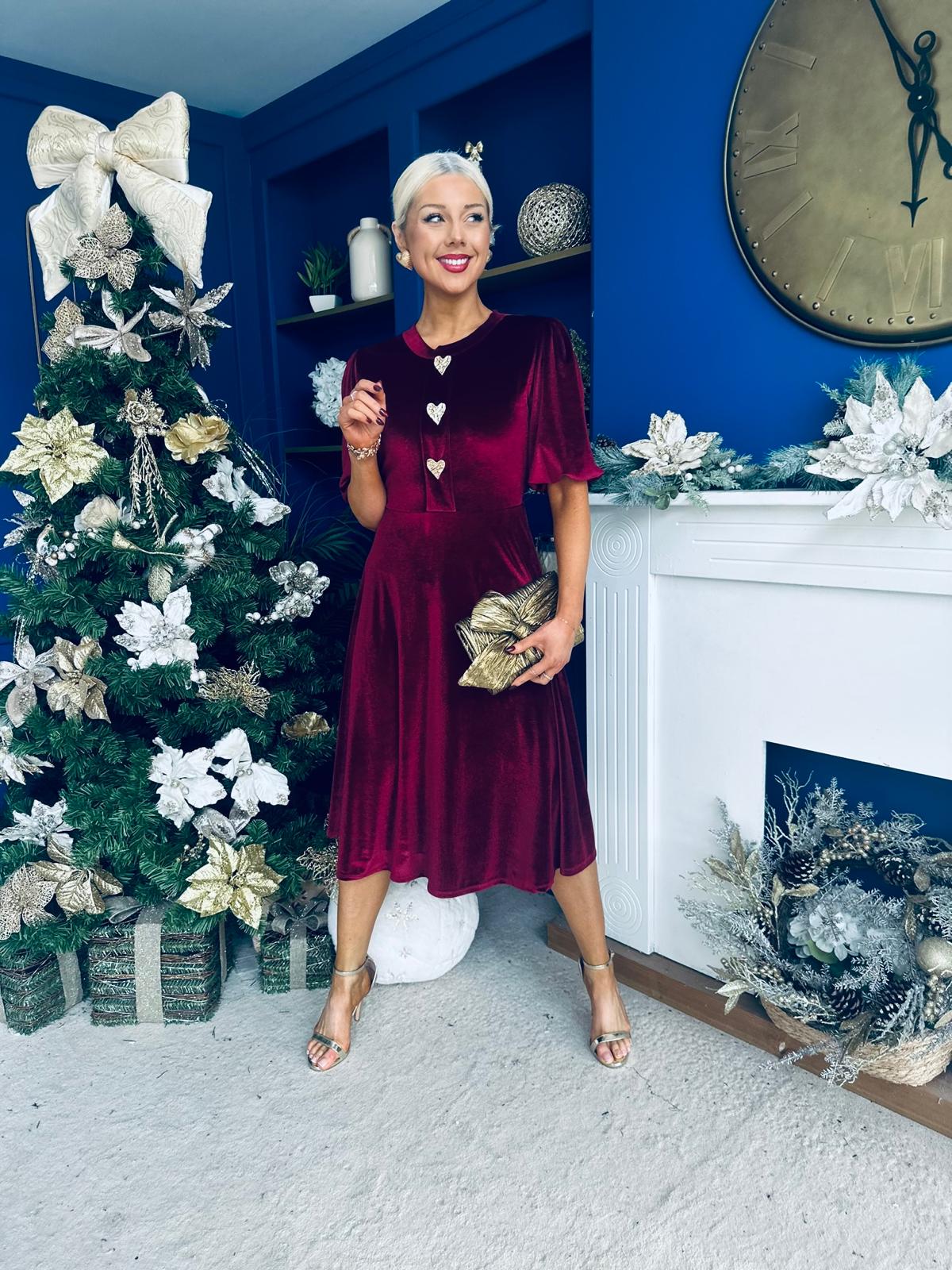 Colette Puff Sleeve Gold Detail Velvet Dress Burgundy