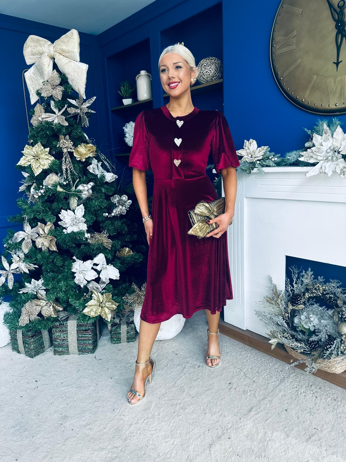 Colette Puff Sleeve Gold Detail Velvet Dress Burgundy