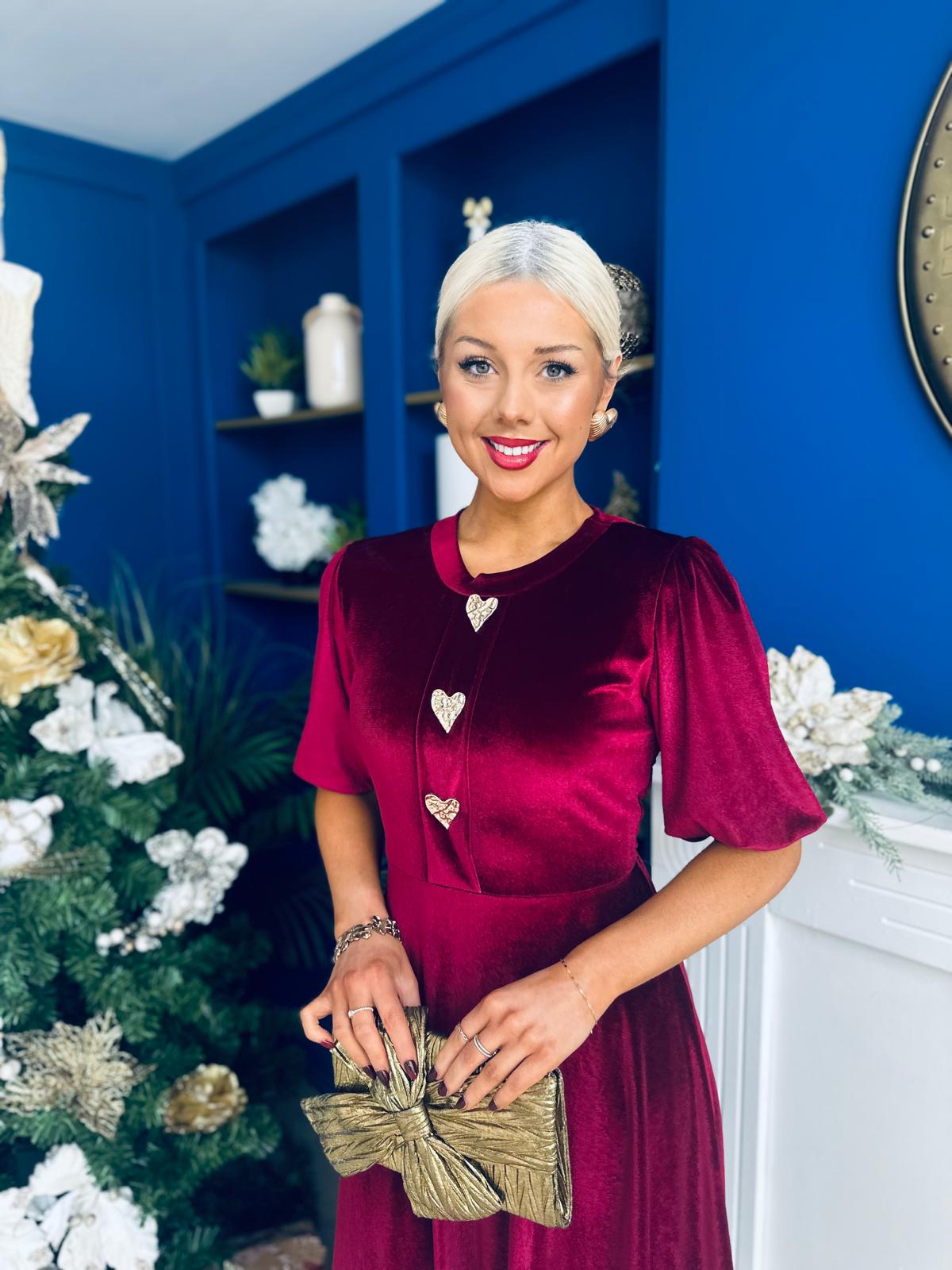 Colette Puff Sleeve Gold Detail Velvet Dress Burgundy