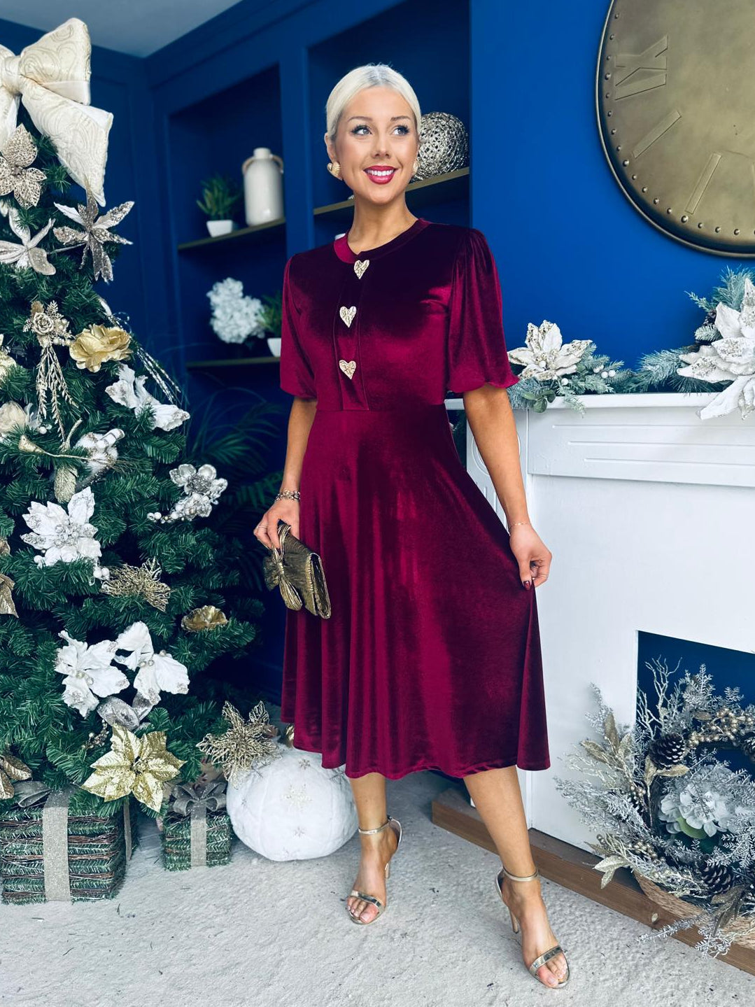 Colette Puff Sleeve Gold Detail Velvet Dress Burgundy