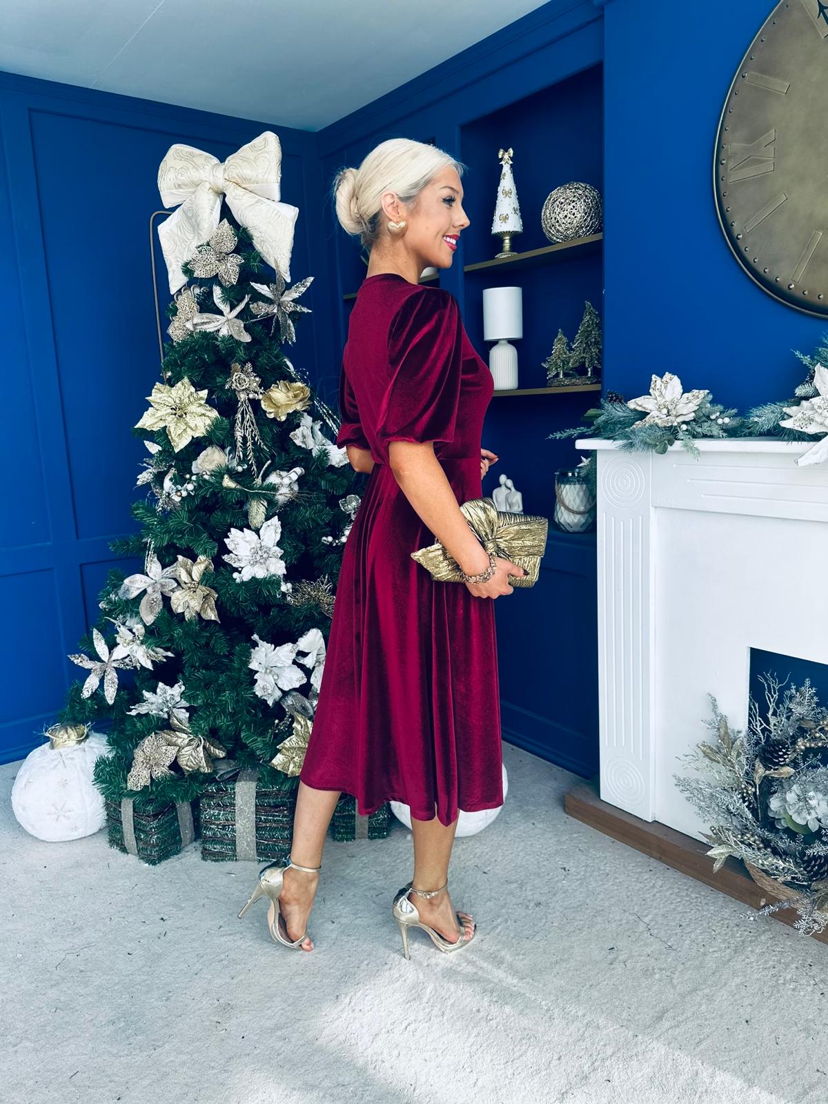 Colette Puff Sleeve Gold Detail Velvet Dress Burgundy