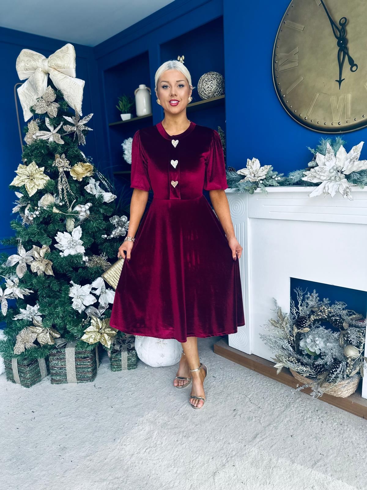 Colette Puff Sleeve Gold Detail Velvet Dress Burgundy