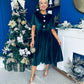 Colette Puff Sleeve Gold Detail Velvet Dress Forest