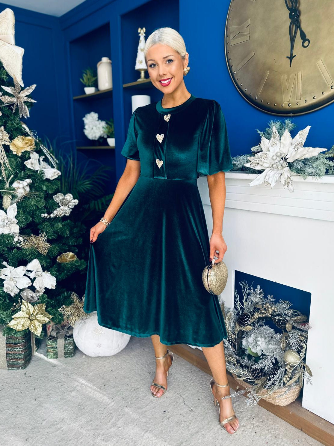 Colette Puff Sleeve Gold Detail Velvet Dress Forest