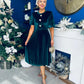 Colette Puff Sleeve Gold Detail Velvet Dress Forest