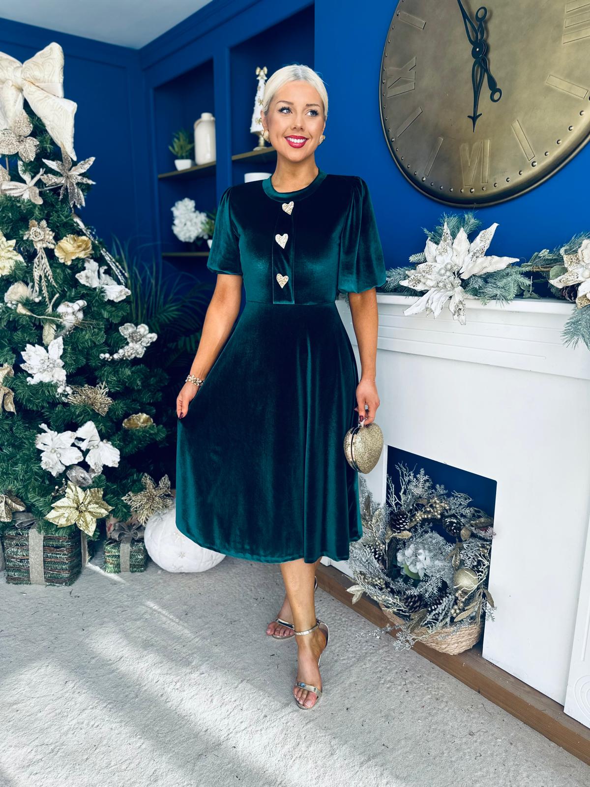 Colette Puff Sleeve Gold Detail Velvet Dress Forest