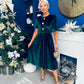 Colette Puff Sleeve Gold Detail Velvet Dress Forest