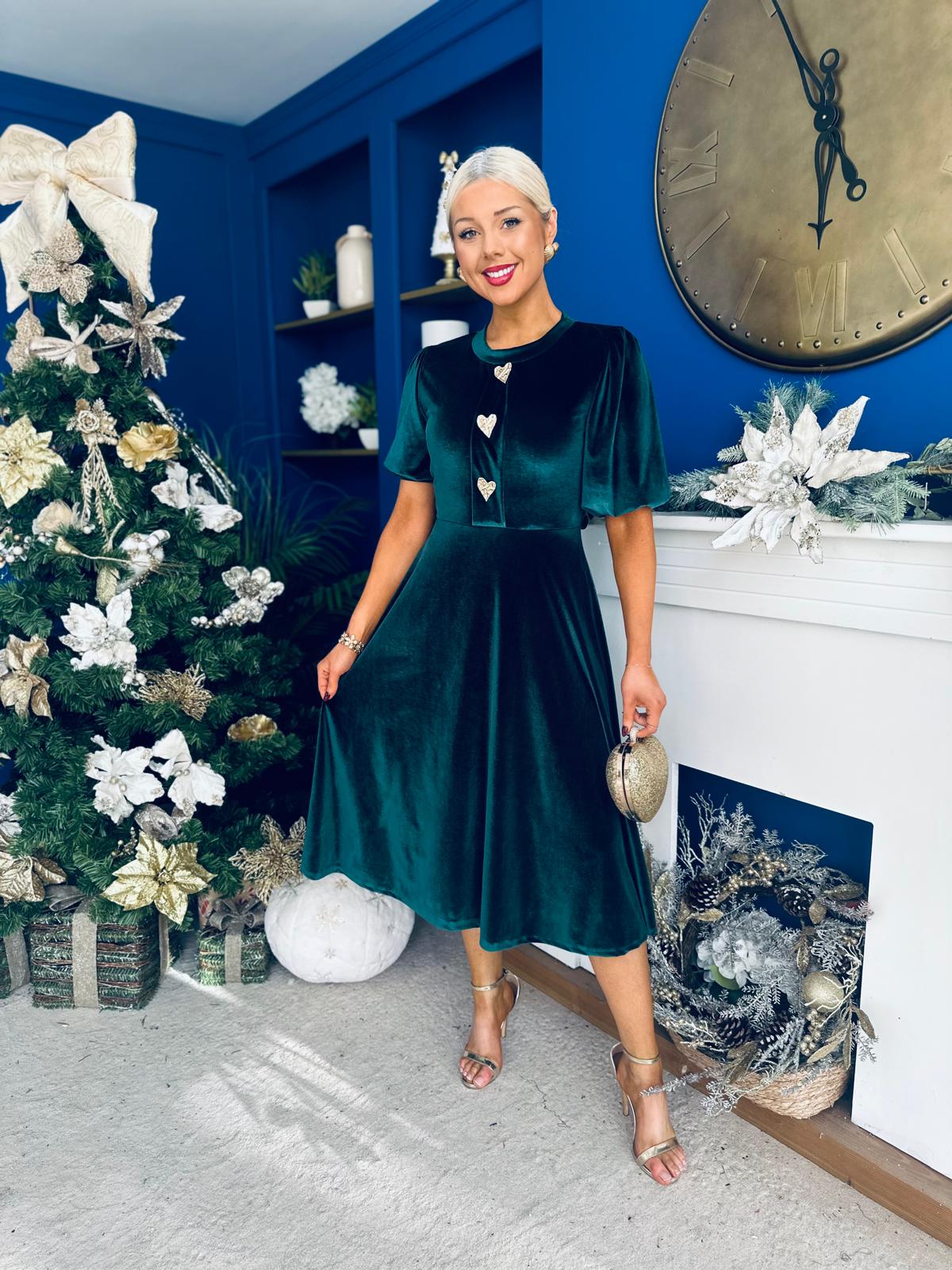 Colette Puff Sleeve Gold Detail Velvet Dress Forest