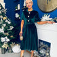 Colette Puff Sleeve Gold Detail Velvet Dress Forest
