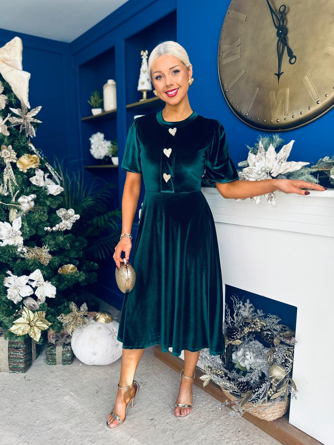 Colette Puff Sleeve Gold Detail Velvet Dress Forest