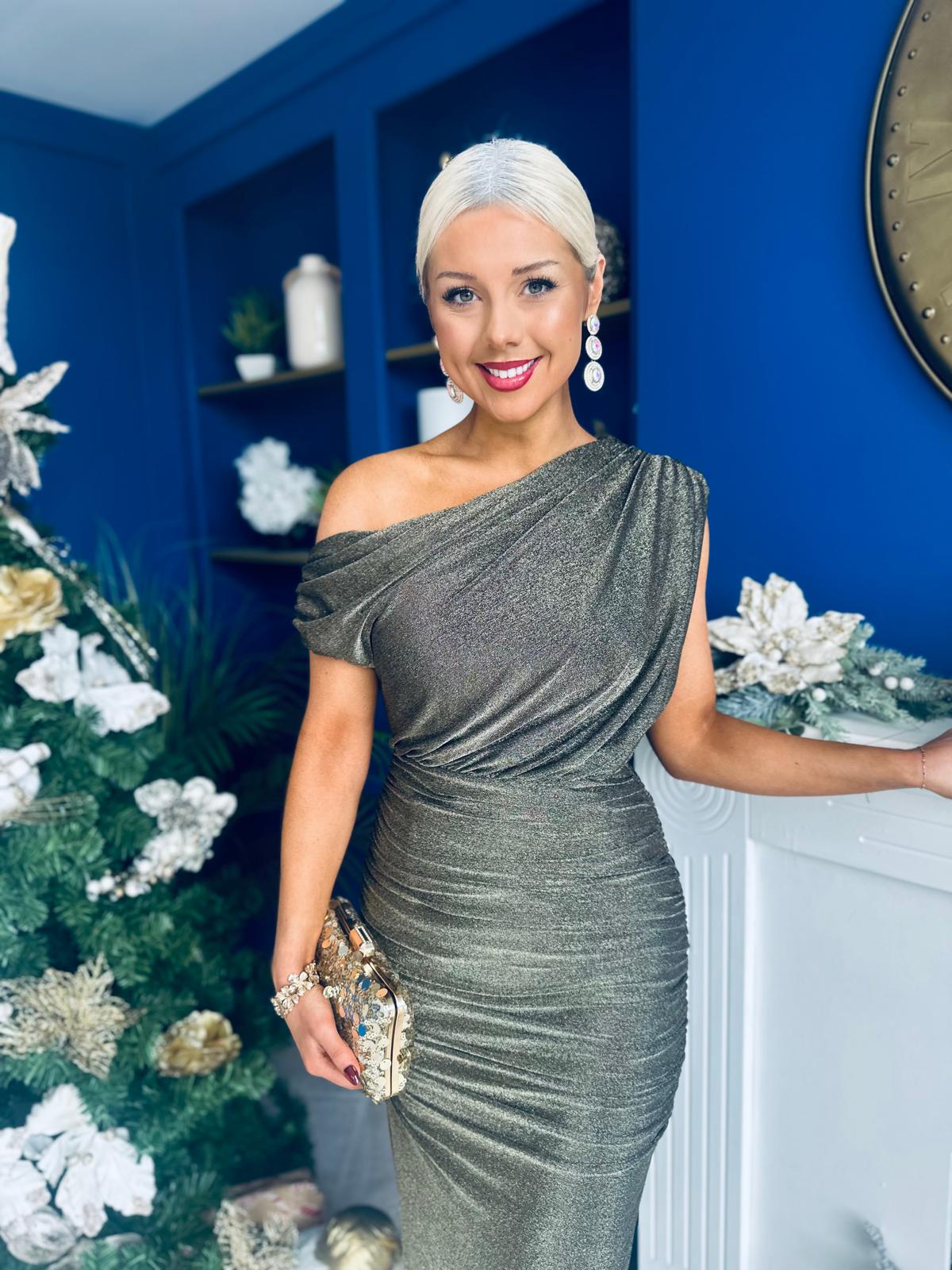 Gemma Sparkle Off The Shoulder Draped Top Midi Dress Gold