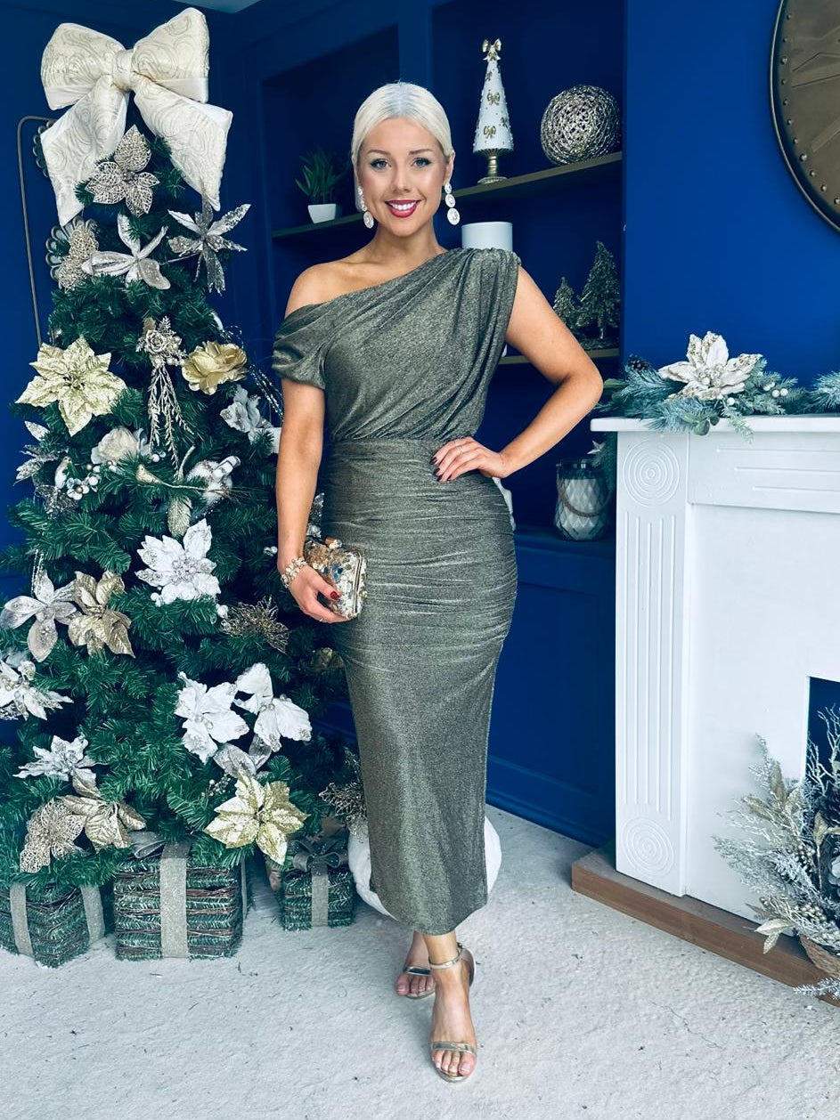 Gemma Sparkle Off The Shoulder Draped Top Midi Dress Gold