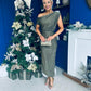 Gemma Sparkle Off The Shoulder Draped Top Midi Dress Gold