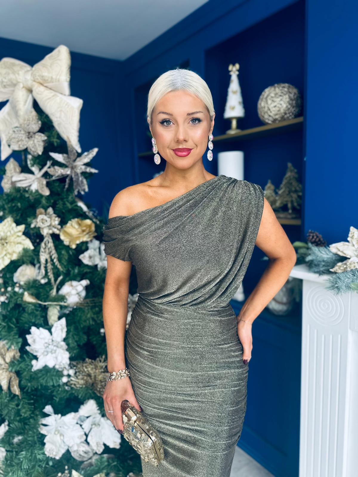 Gemma Sparkle Off The Shoulder Draped Top Midi Dress Gold