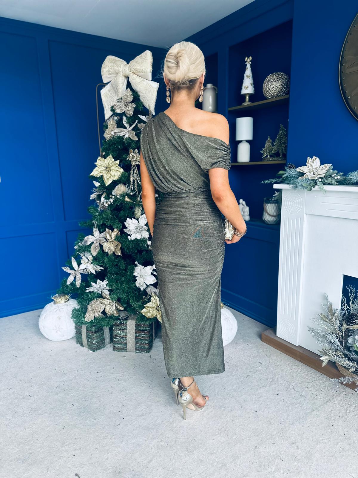 Gemma Sparkle Off The Shoulder Draped Top Midi Dress Gold