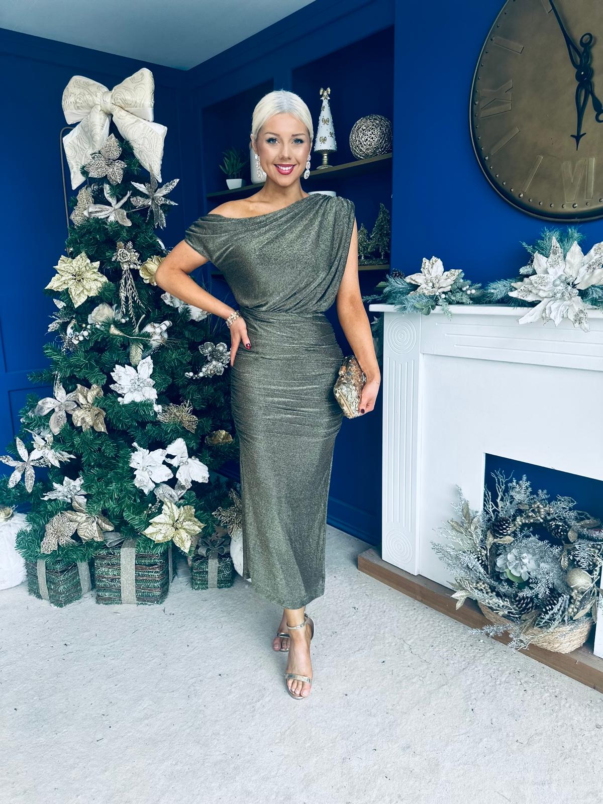 Gemma Sparkle Off The Shoulder Draped Top Midi Dress Gold