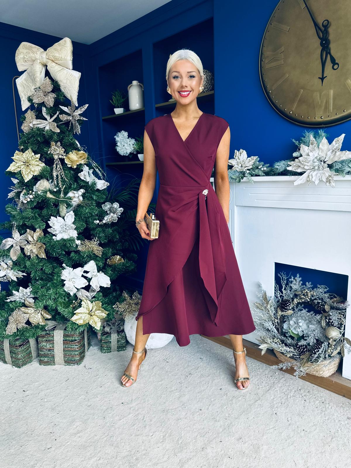 Annette Gold Buckle wrapy Midi Dress Wine