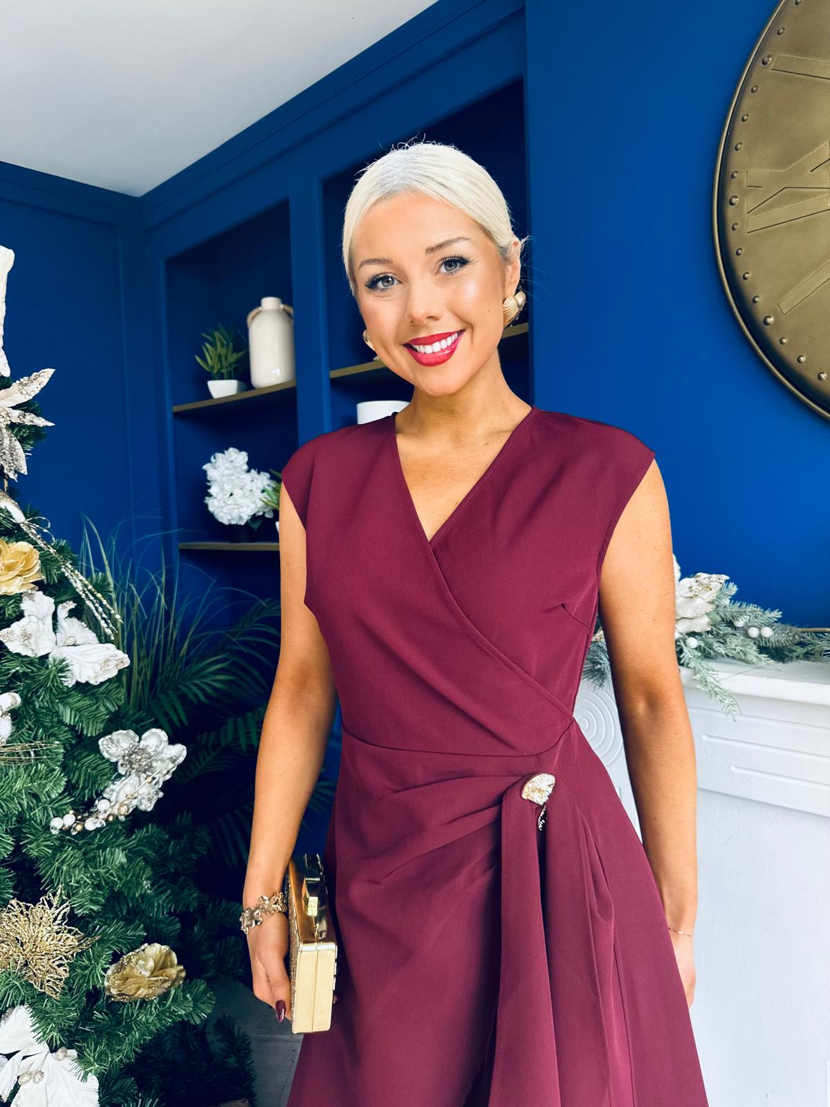 Annette Gold Buckle wrapy Midi Dress Wine