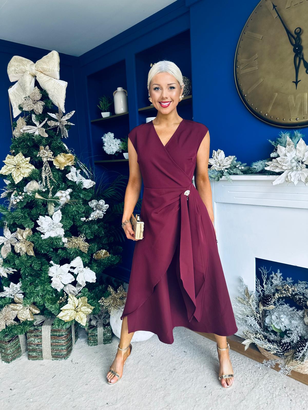 Annette Gold Buckle wrapy Midi Dress Wine