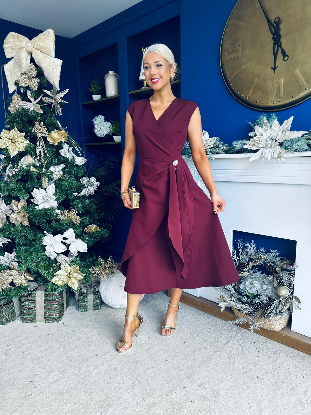 Annette Gold Buckle wrapy Midi Dress Wine