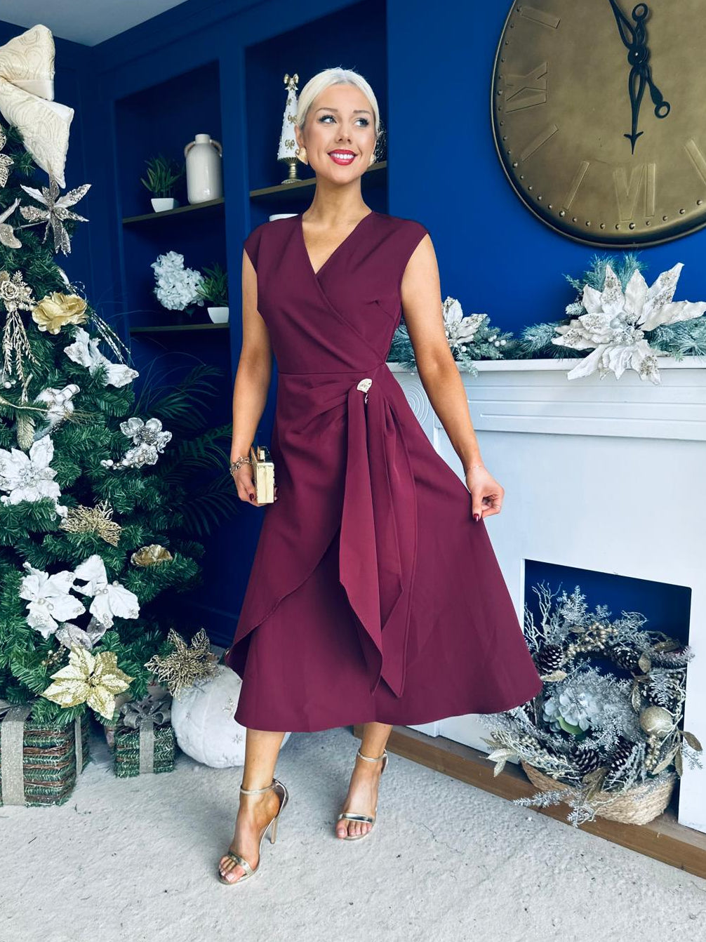 Annette Gold Buckle wrapy Midi Dress Wine