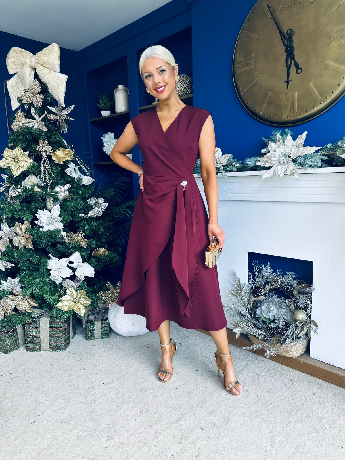 Annette Gold Buckle wrapy Midi Dress Wine