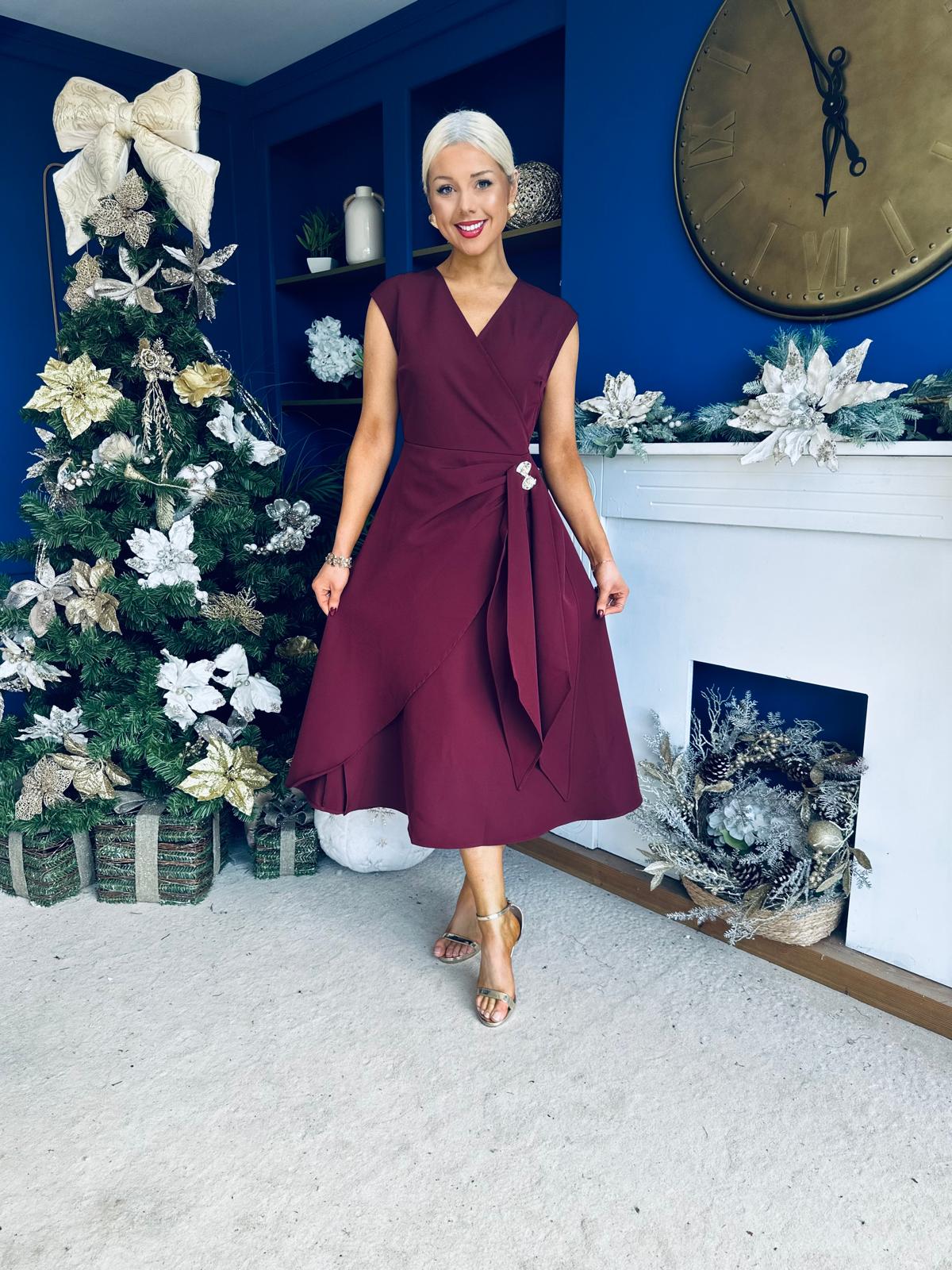 Annette Gold Buckle wrapy Midi Dress Wine