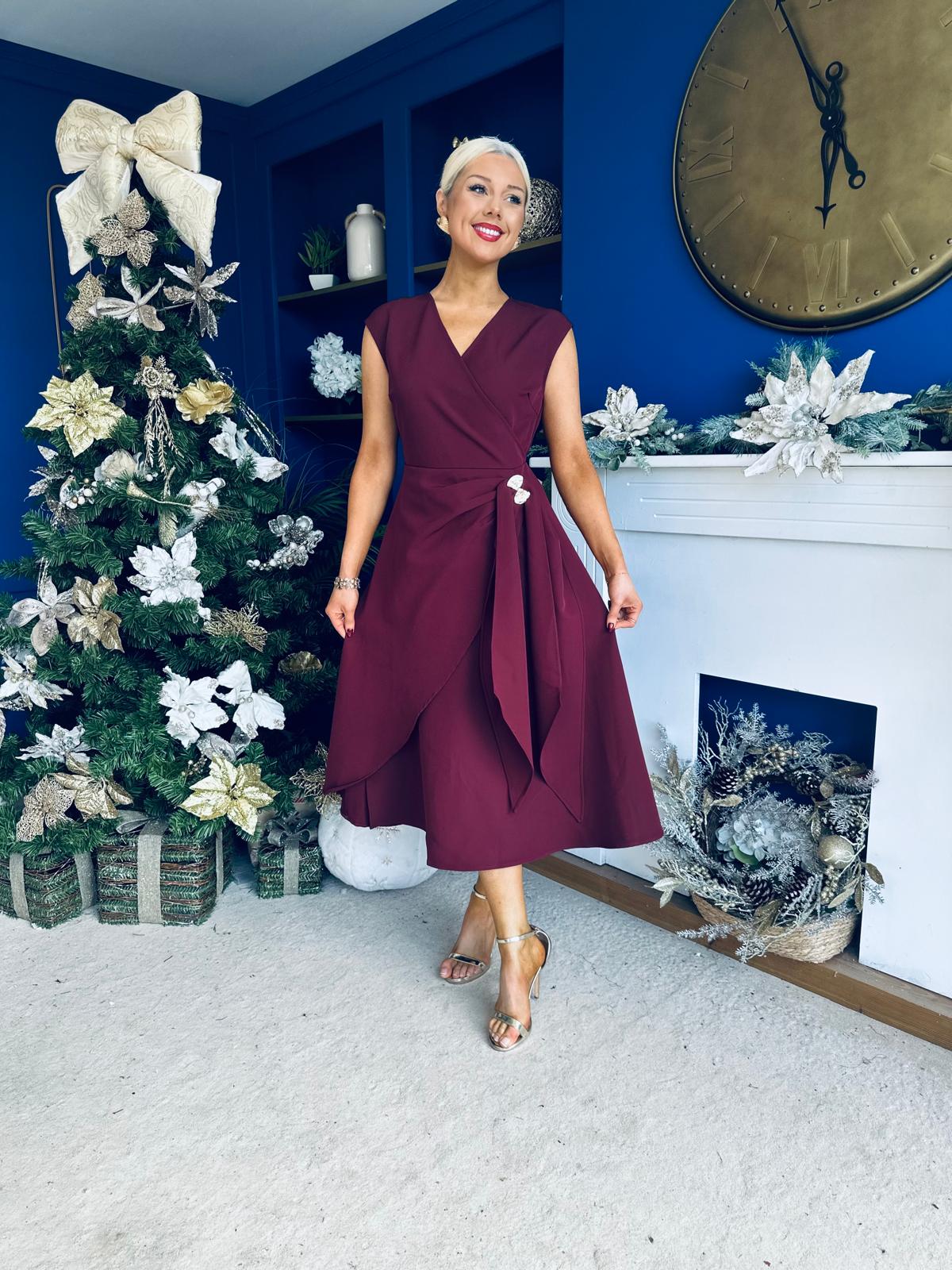 Annette Gold Buckle wrapy Midi Dress Wine