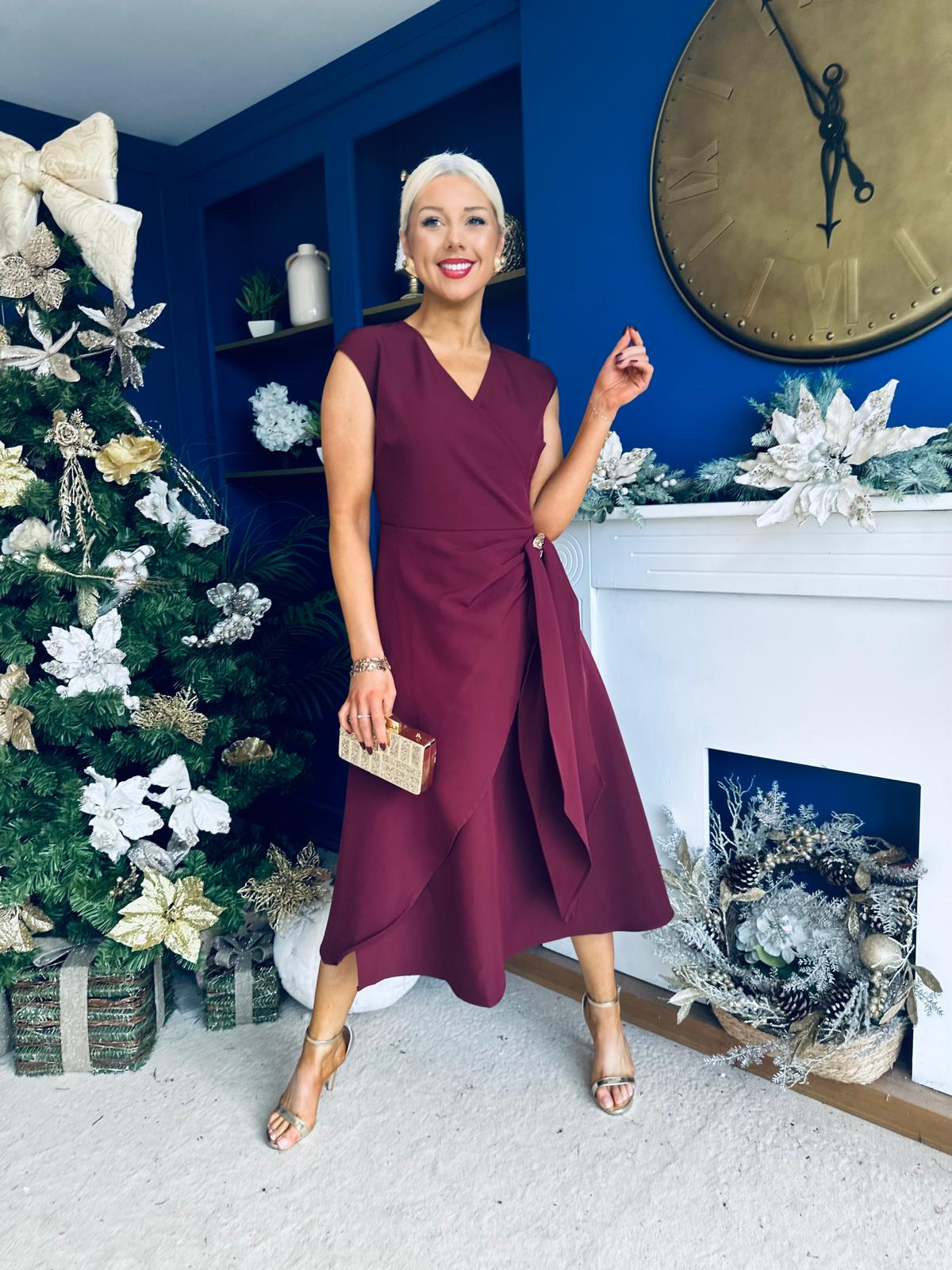 Annette Gold Buckle wrapy Midi Dress Wine