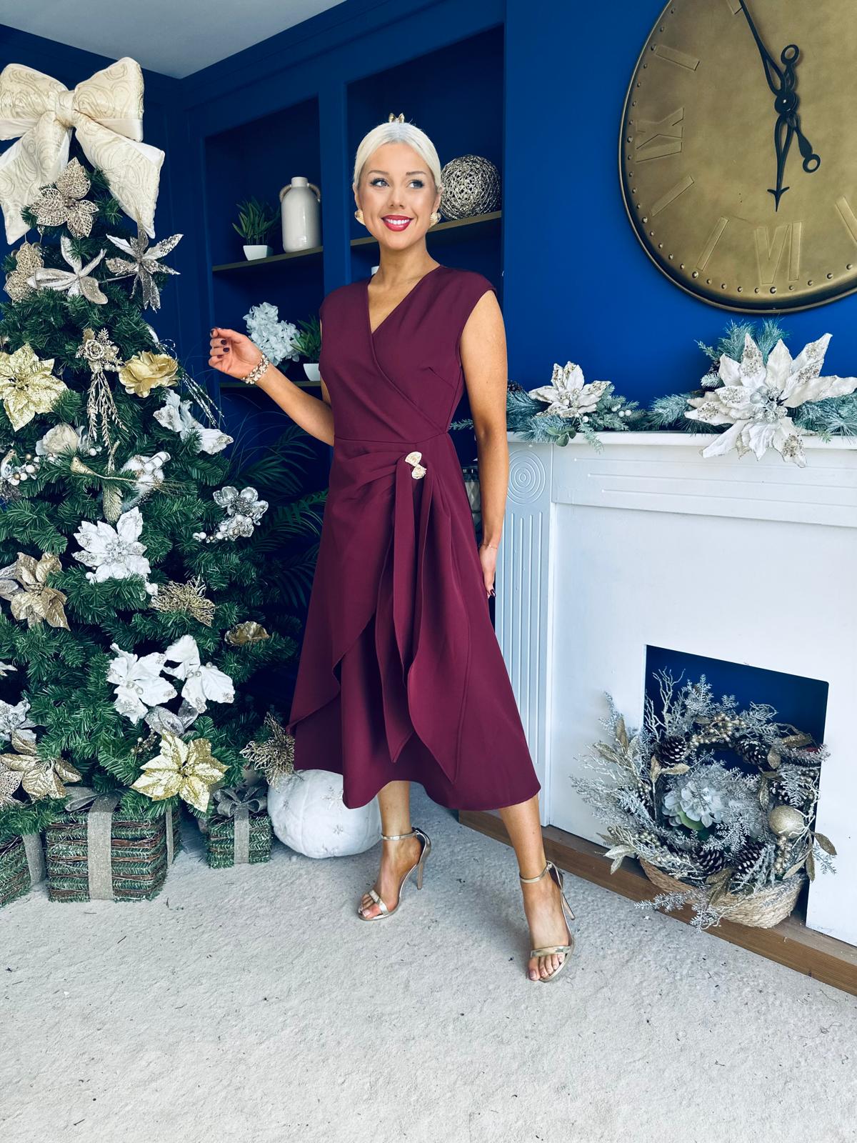 Annette Gold Buckle wrapy Midi Dress Wine