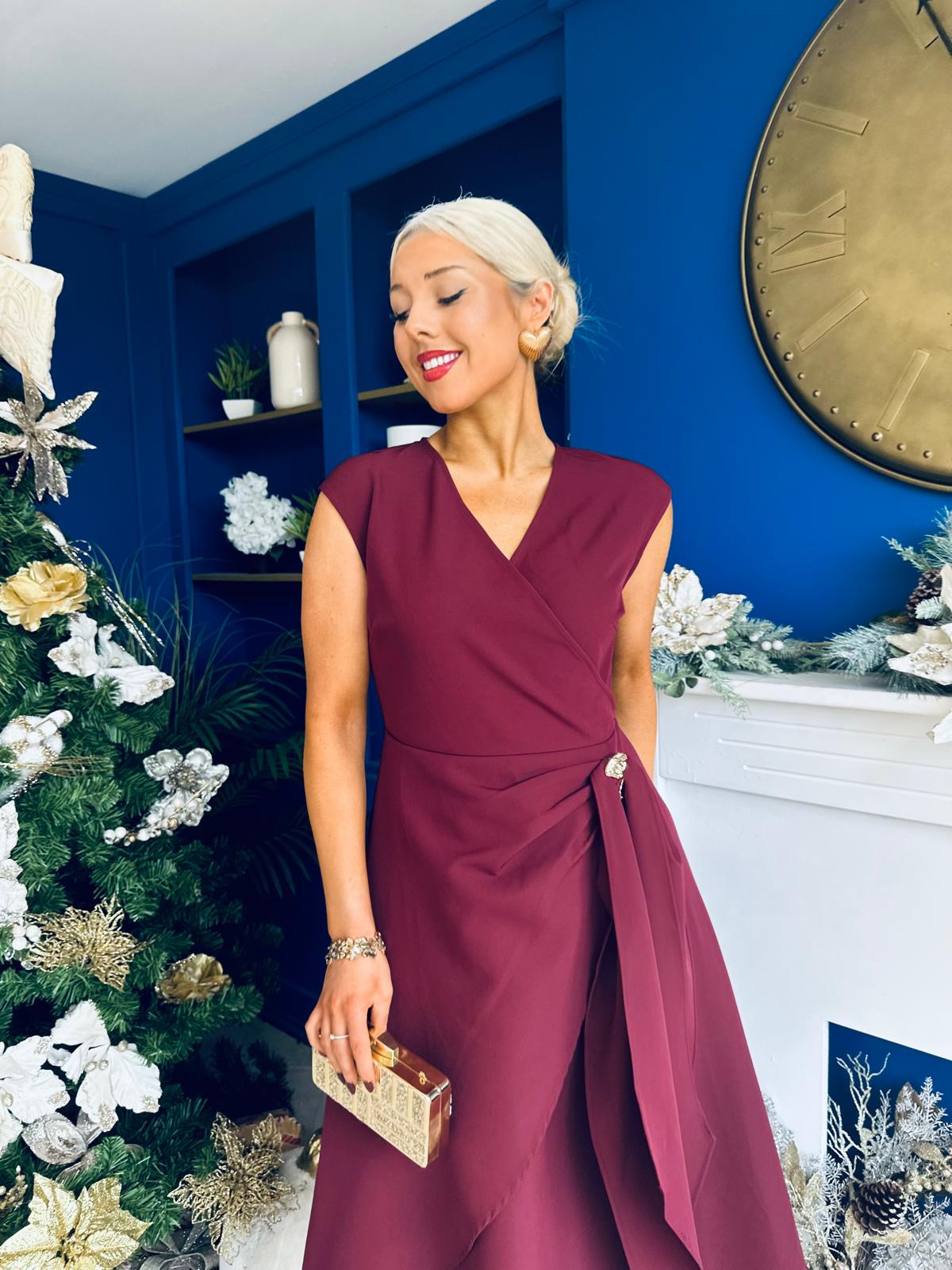 Annette Gold Buckle wrapy Midi Dress Wine