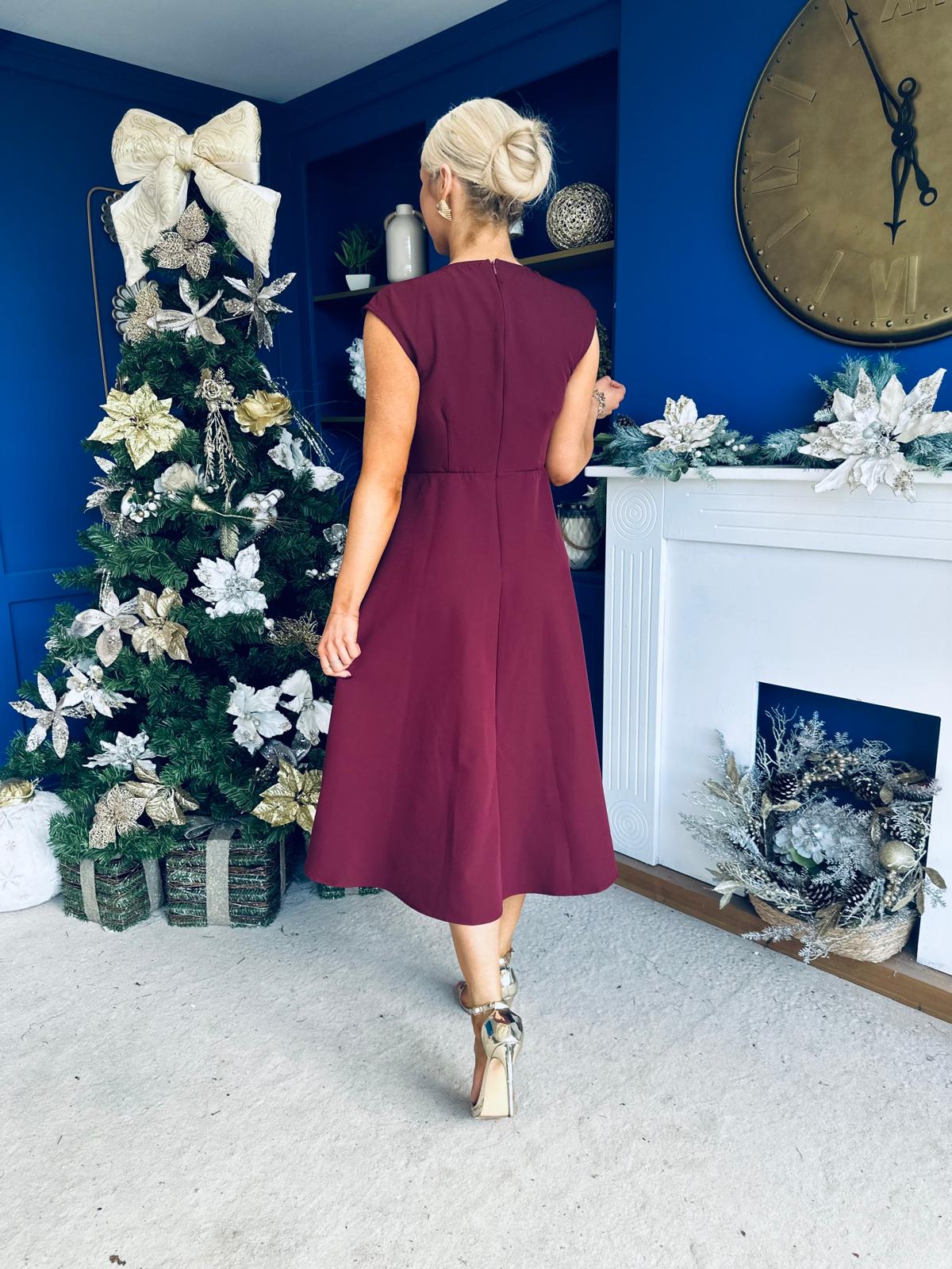 Annette Gold Buckle wrapy Midi Dress Wine