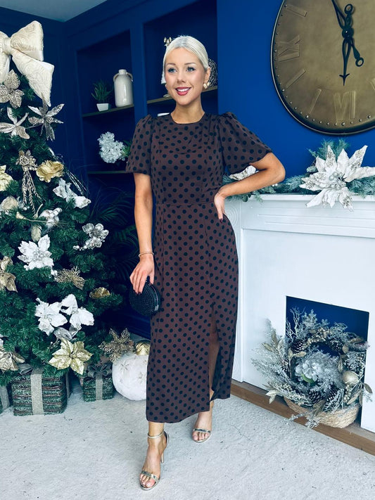 Caroline Puff Sleeve Midi Dress Black Polka Coco
