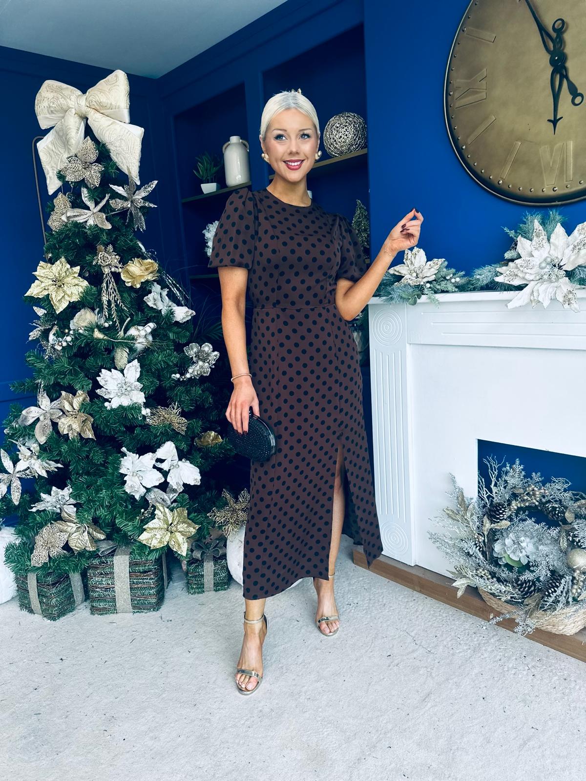 Caroline Puff Sleeve Midi Dress Black Polka Coco