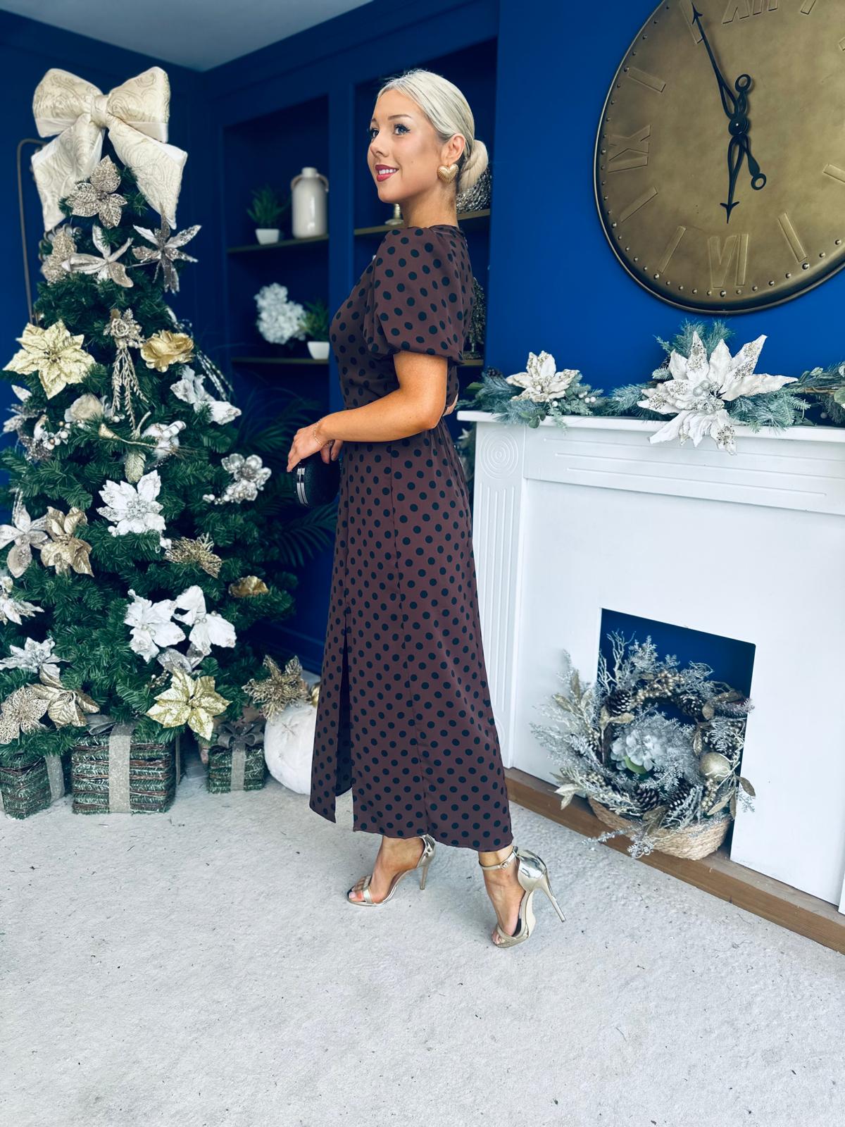 Caroline Puff Sleeve Midi Dress Black Polka Coco