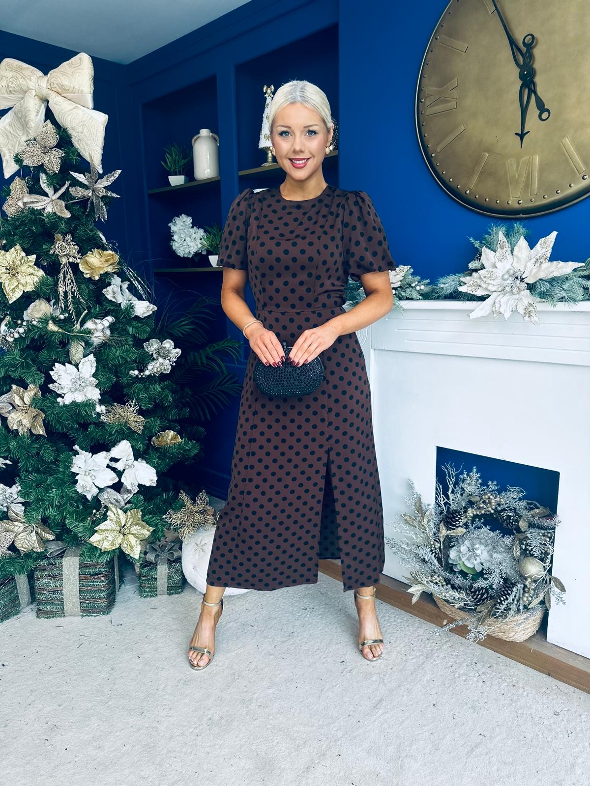 Caroline Puff Sleeve Midi Dress Black Polka Coco