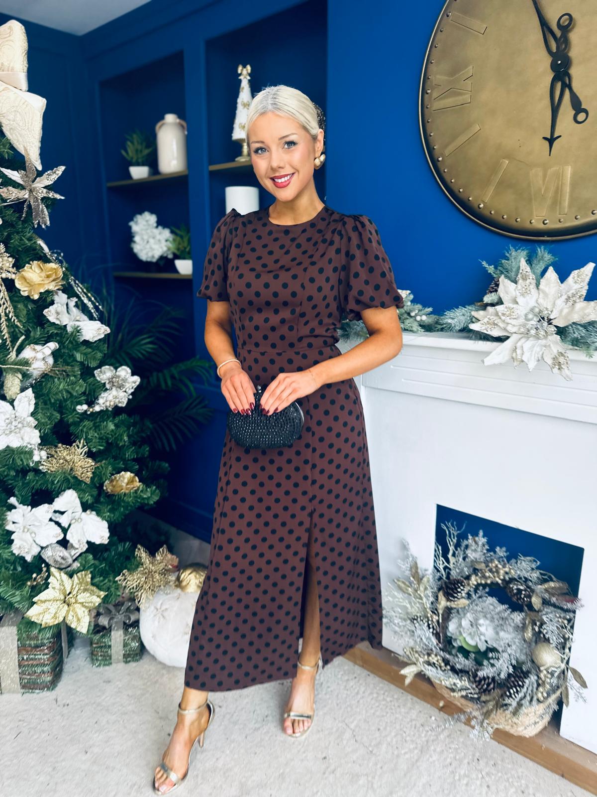 Caroline Puff Sleeve Midi Dress Black Polka Coco