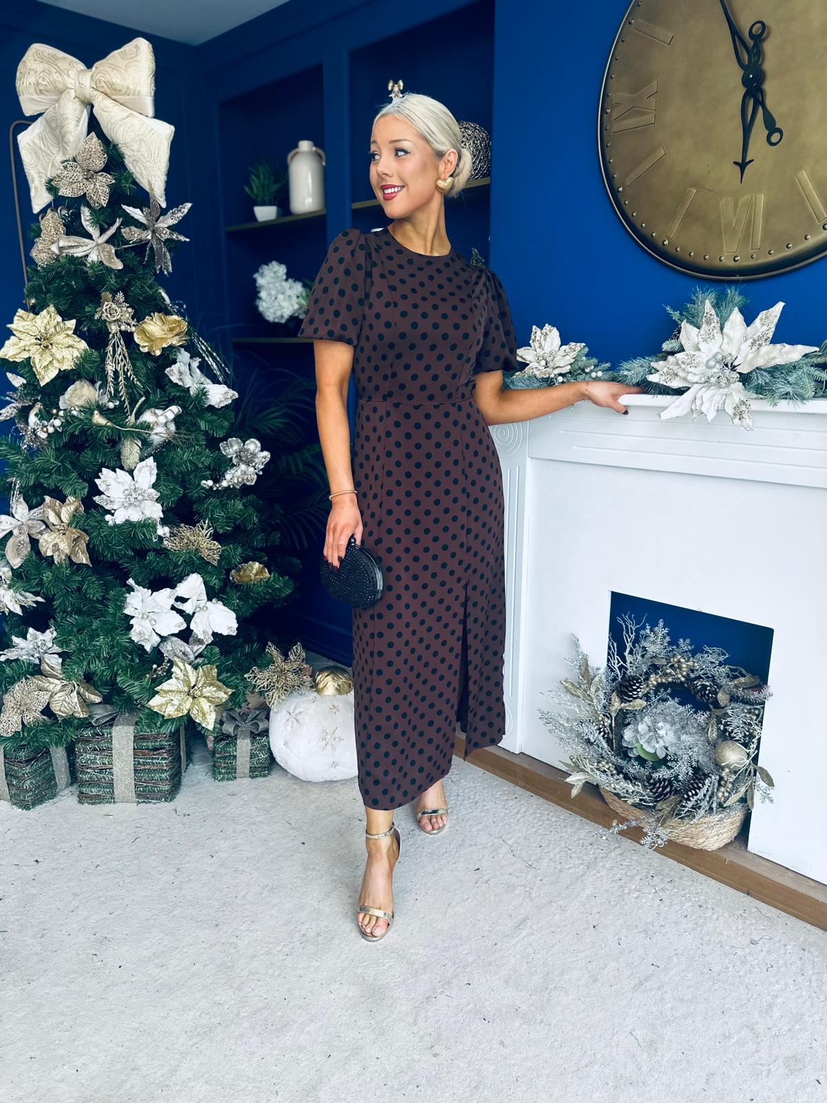 Caroline Puff Sleeve Midi Dress Black Polka Coco