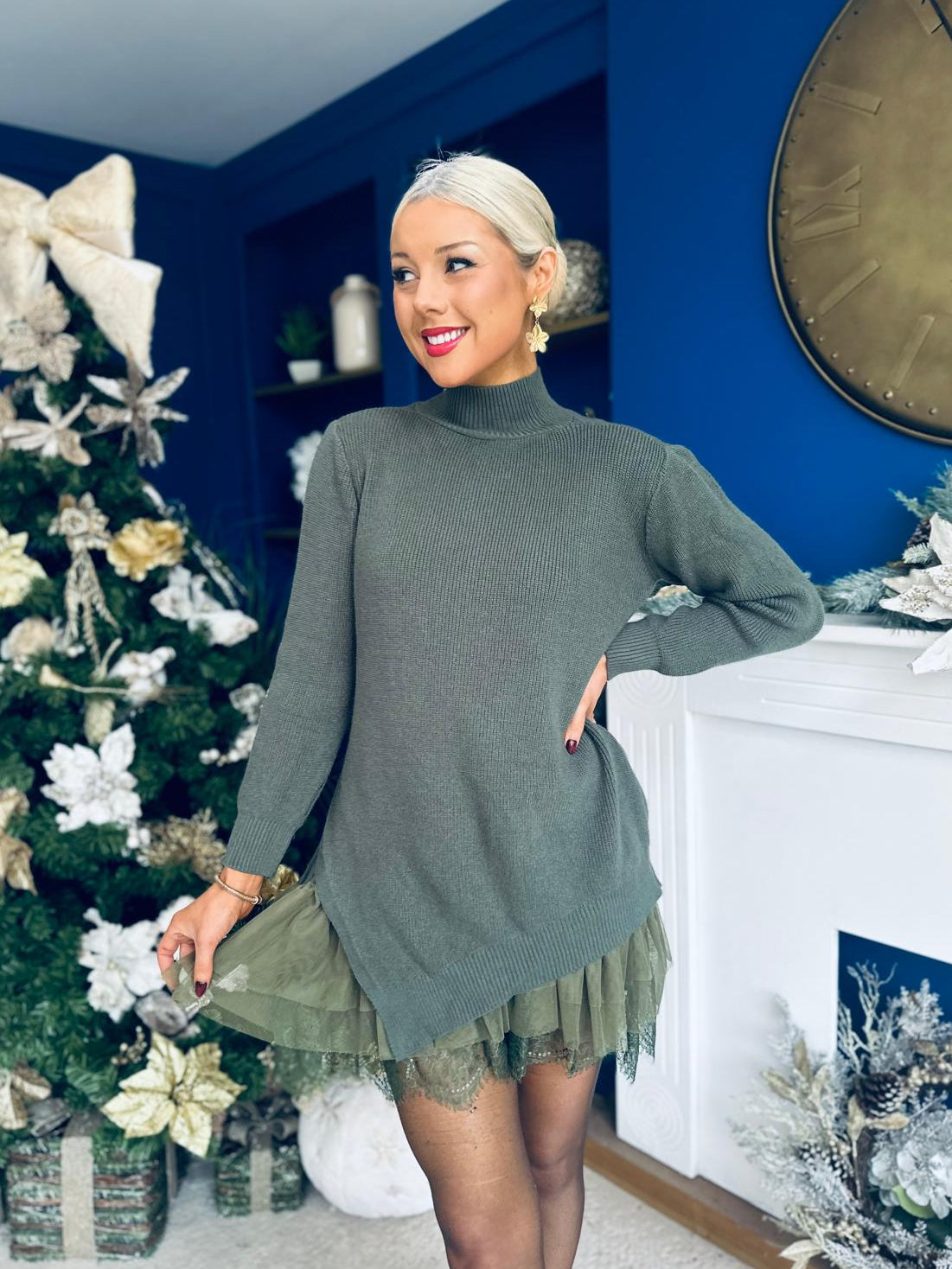 Jess 2 in 1 Knit & Lace Mini Dress Khaki