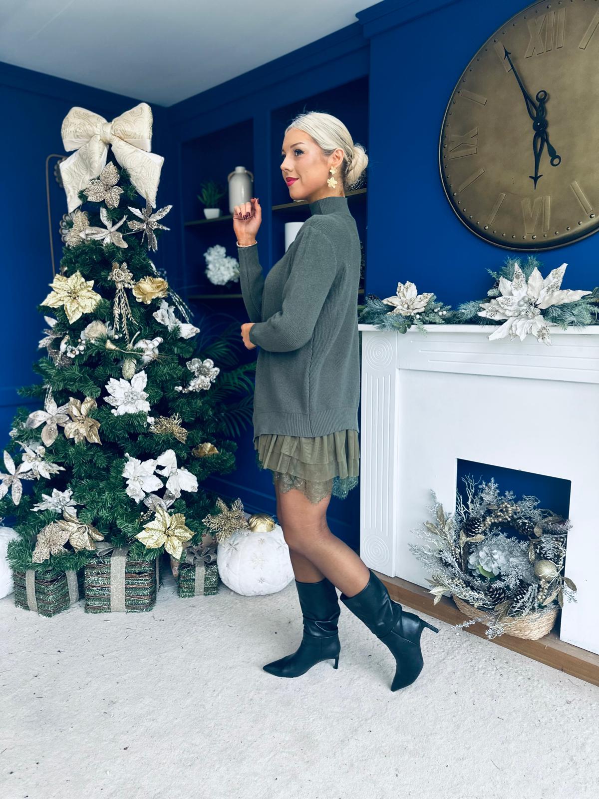 Jess 2 in 1 Knit & Lace Mini Dress Khaki