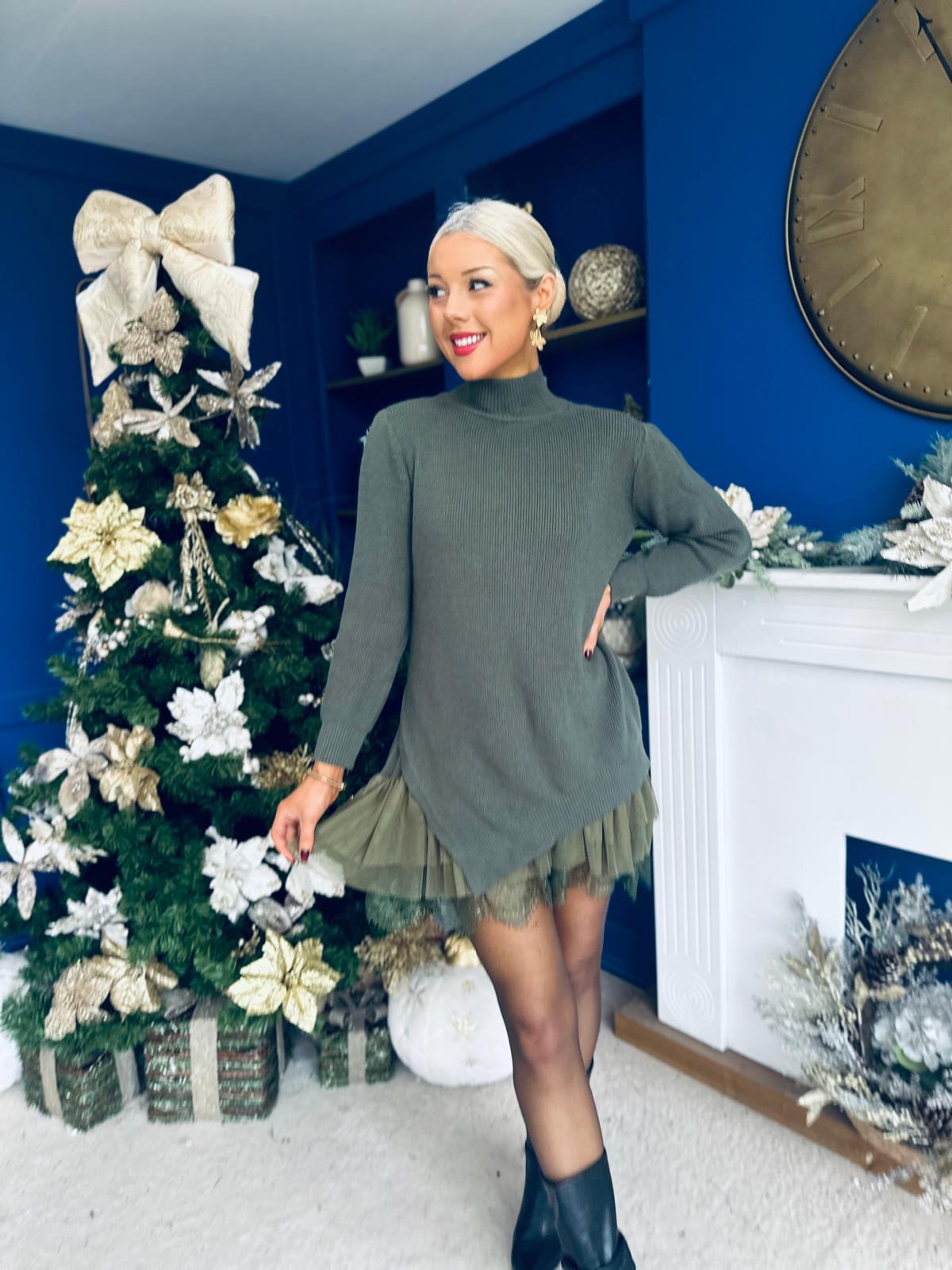 Jess 2 in 1 Knit & Lace Mini Dress Khaki