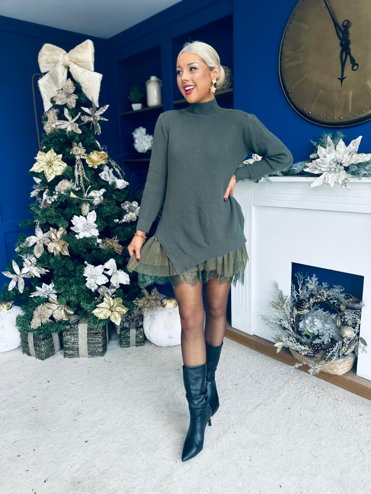 Jess 2 in 1 Knit & Lace Mini Dress Khaki
