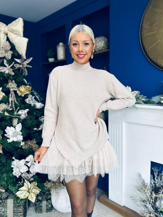 Jess 2 in 1 Knit & Lace Mini Dress Cream