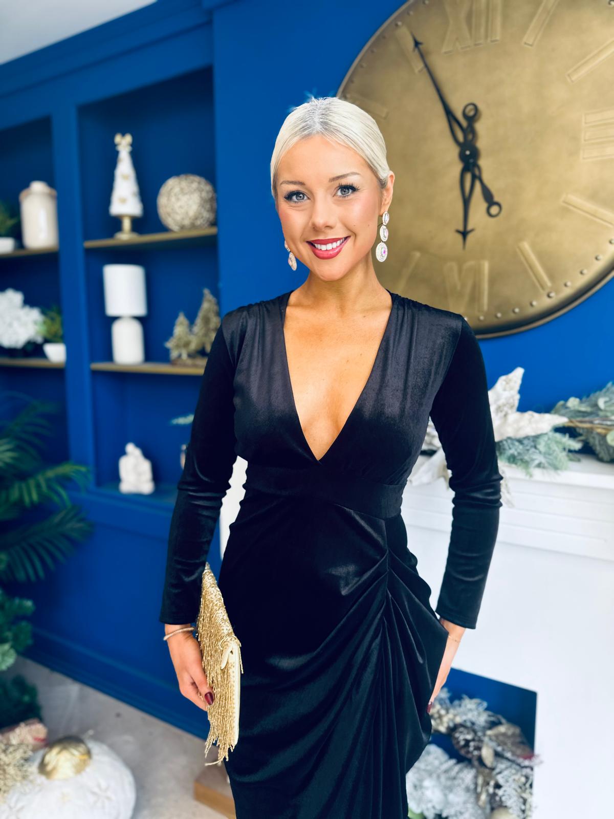Eleanor Plunge Neck Velvet Occasion Dress Black