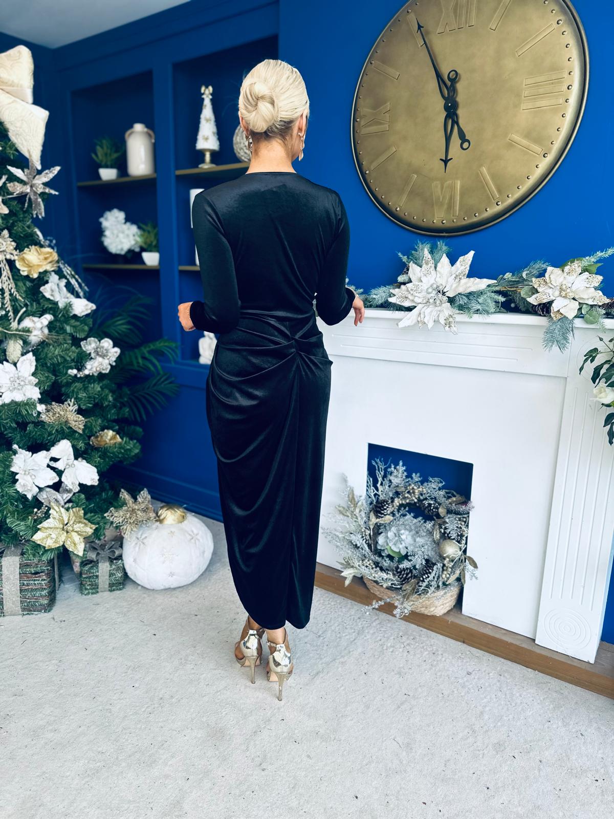 Eleanor Plunge Neck Velvet Occasion Dress Black