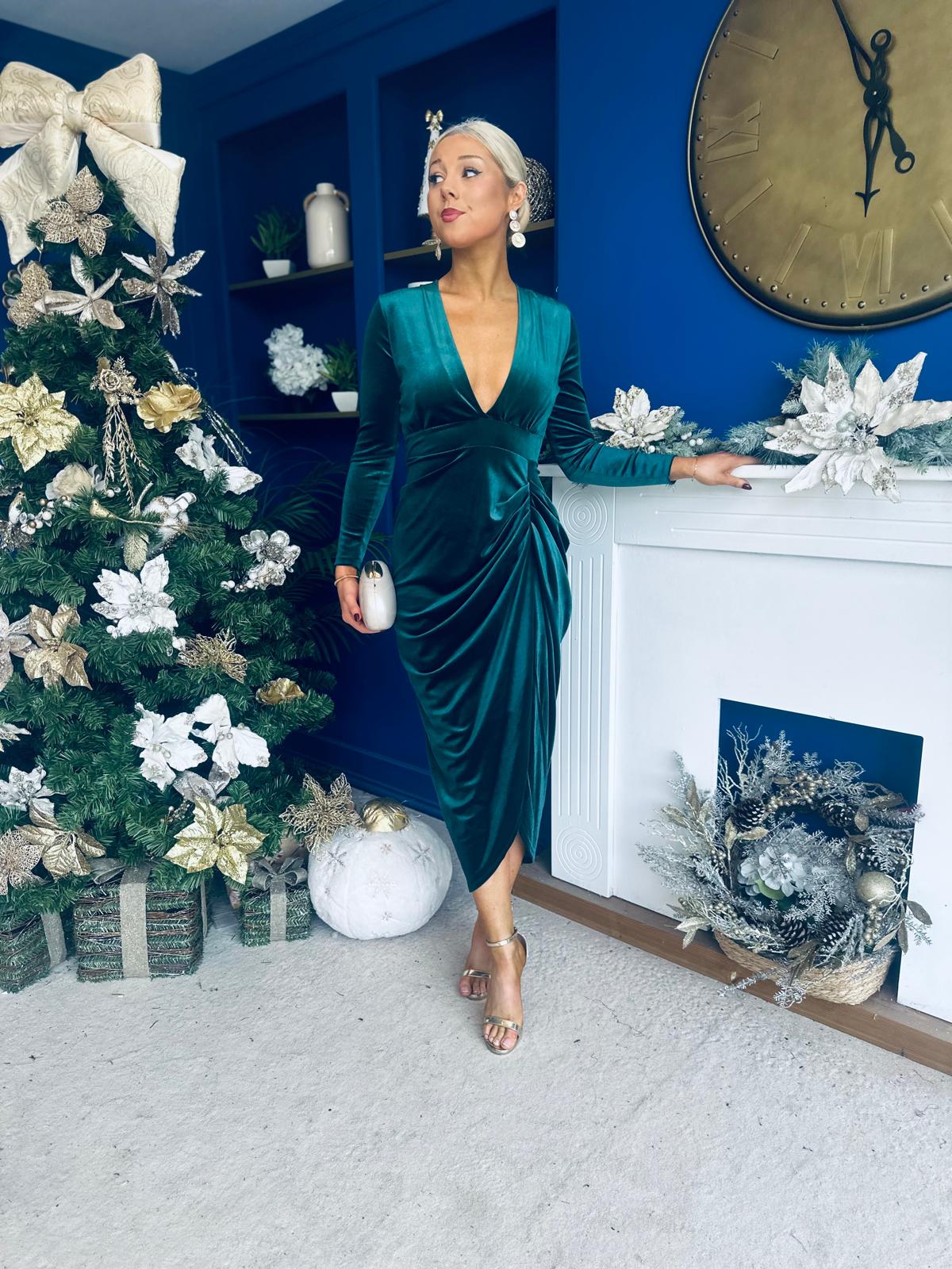 Eleanor Plunge Neck Velvet Occasion Dress Forest