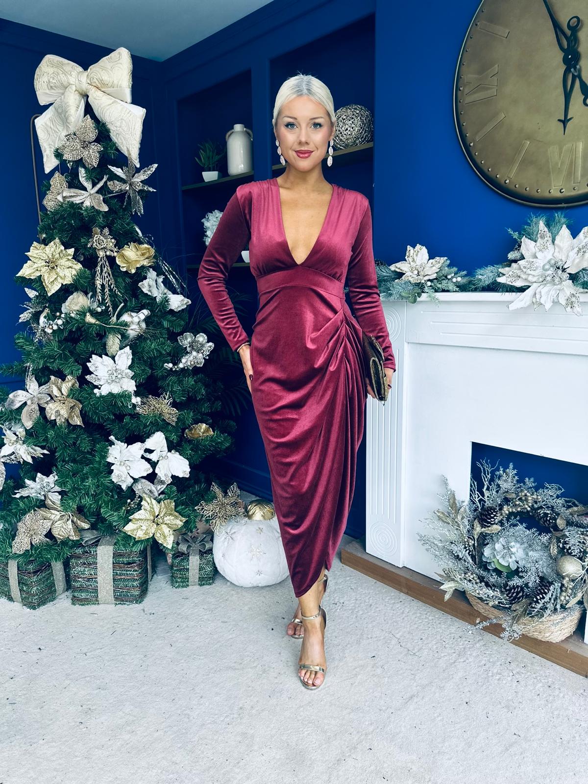 Eleanor Plunge Neck Velvet Occasion Dress Burgundy