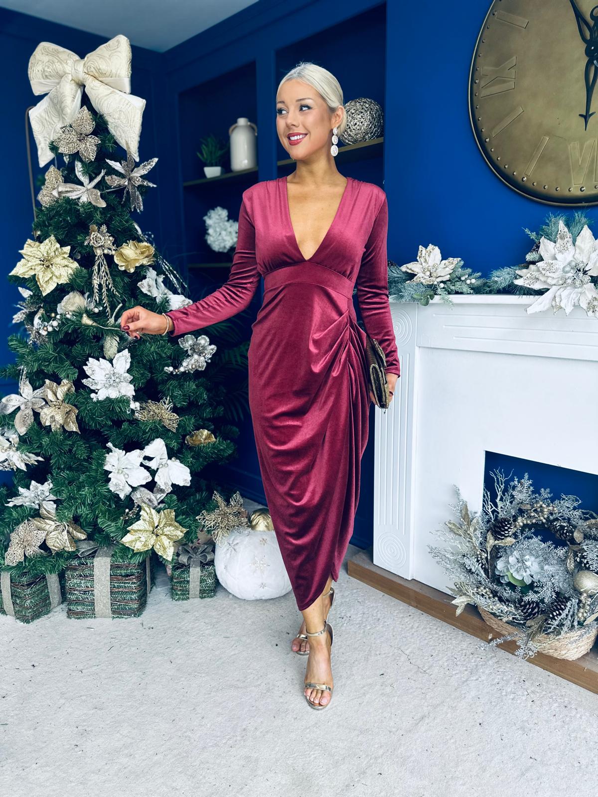 Eleanor Plunge Neck Velvet Occasion Dress Burgundy