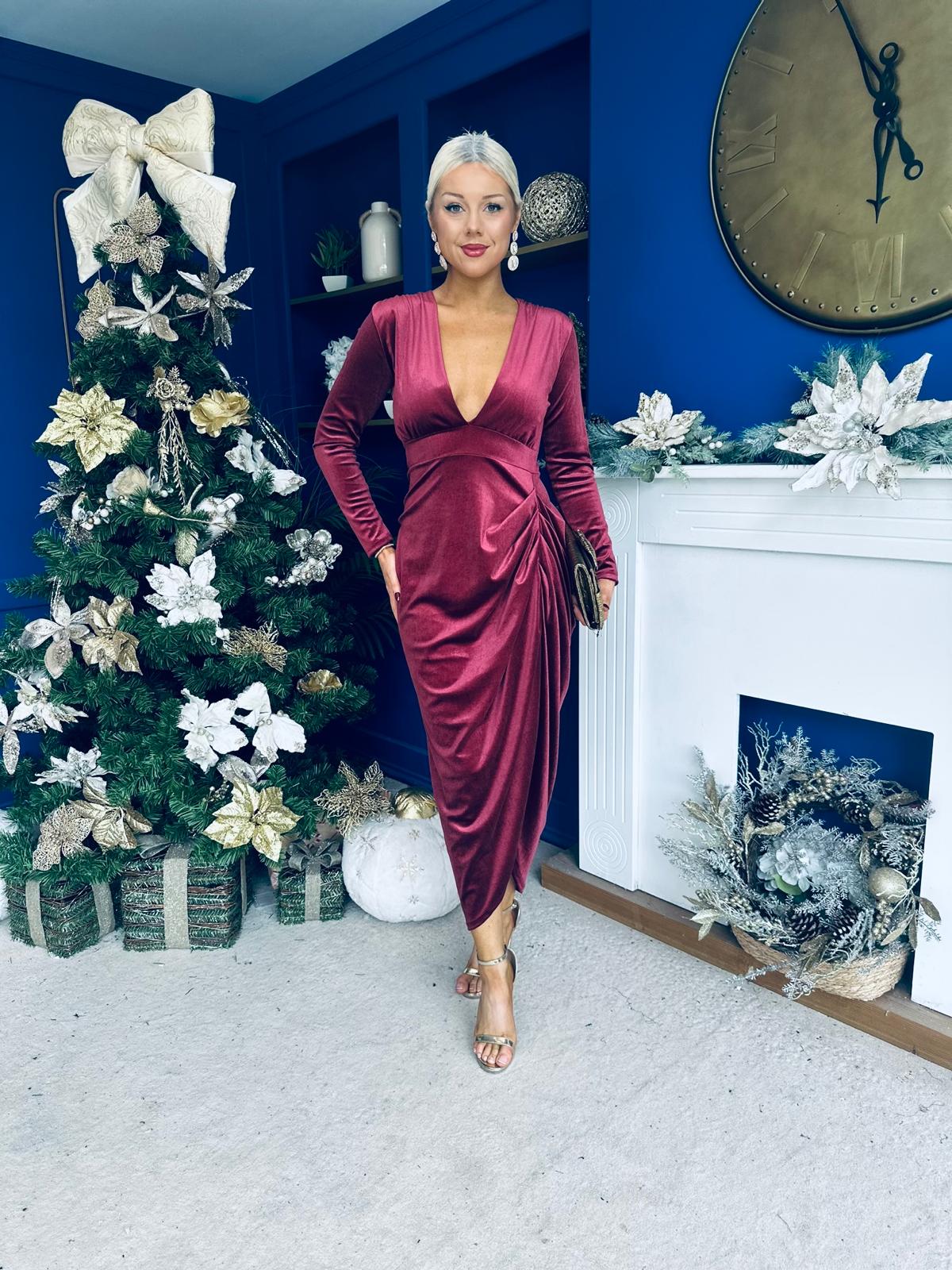 Eleanor Plunge Neck Velvet Occasion Dress Burgundy